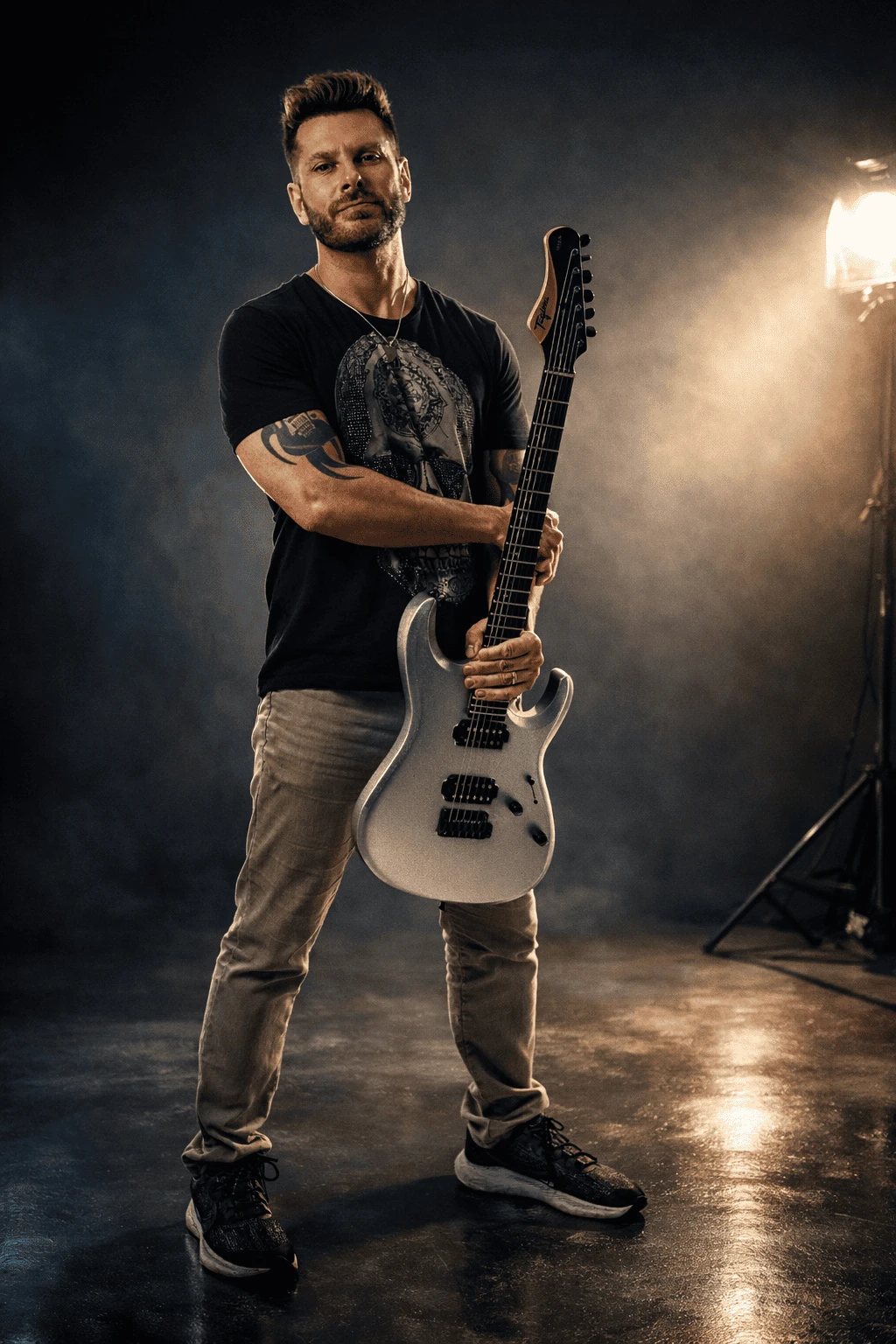 Mauricio Alabama with his guitar in the studio