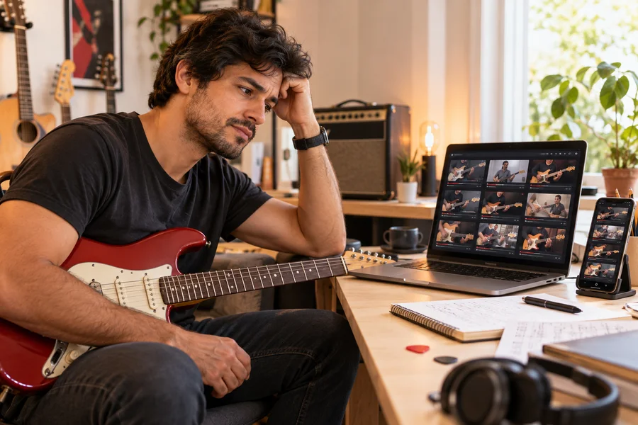 Conceptual scene of a guitarist facing scattered content without a study plan