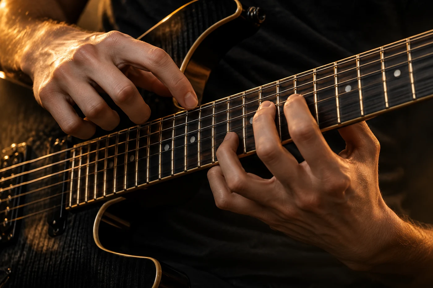 Conceptual image of two hands tapping on a guitar fretboard